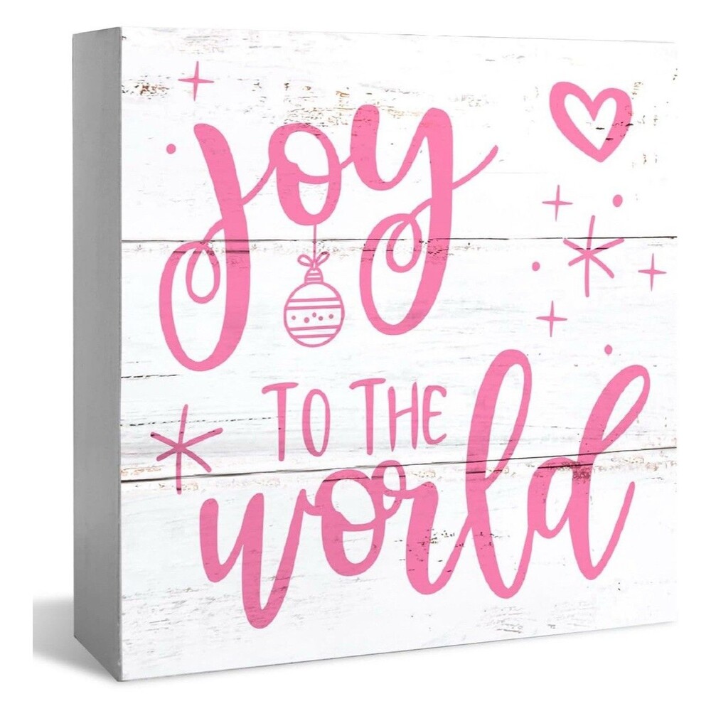 Wooden Box Signs - Pink Christmas Decorations, Joy to the World 5x5 Inch
